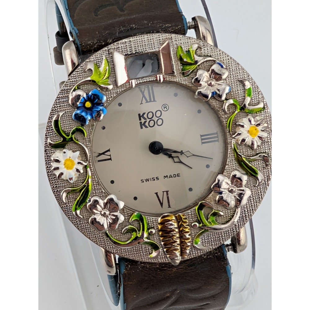 Koo Koo Swiss Watch Birds Moving in Window 37mm Case Leather Band- New Battery